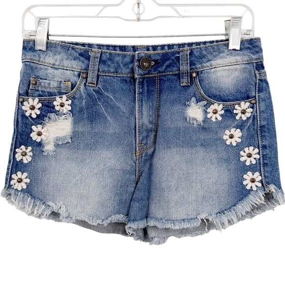 Tinseltown Denim Shorts Spike Studded Embroidered Flower Distressed Raw Hem Sz 4 - Picture 1 of 7